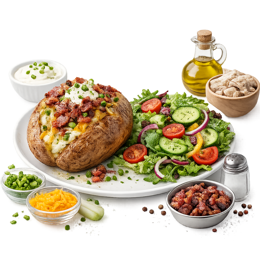 Beef Bacon Jacket Potato With Side Salad