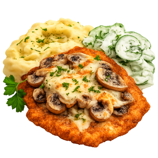 Chicken Schnitzel Topped With Mushrooms And Cheese With Mash And Mizeria Salad