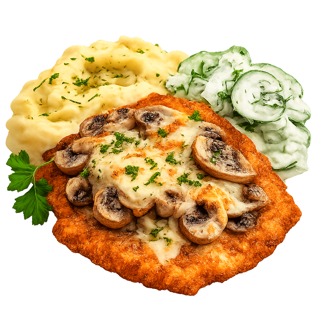 Chicken Schnitzel Topped With Mushrooms And Cheese With Mash And Mizeria Salad