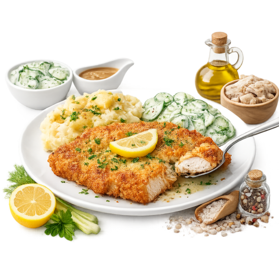Chicken Schnitzel With Mash And Mizeria Salad