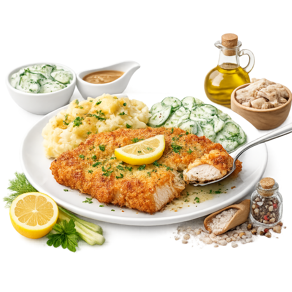 Chicken Schnitzel With Mash And Mizeria Salad