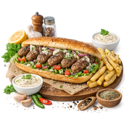 Kofta sandwich with fries and spices
